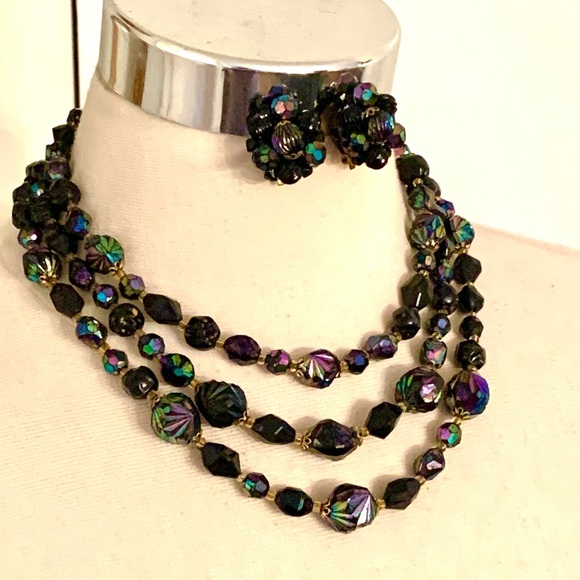 Vintage jet Black aurora borealis Necklace Earrings set west Germany 3 strands - Picture 3 of 15
